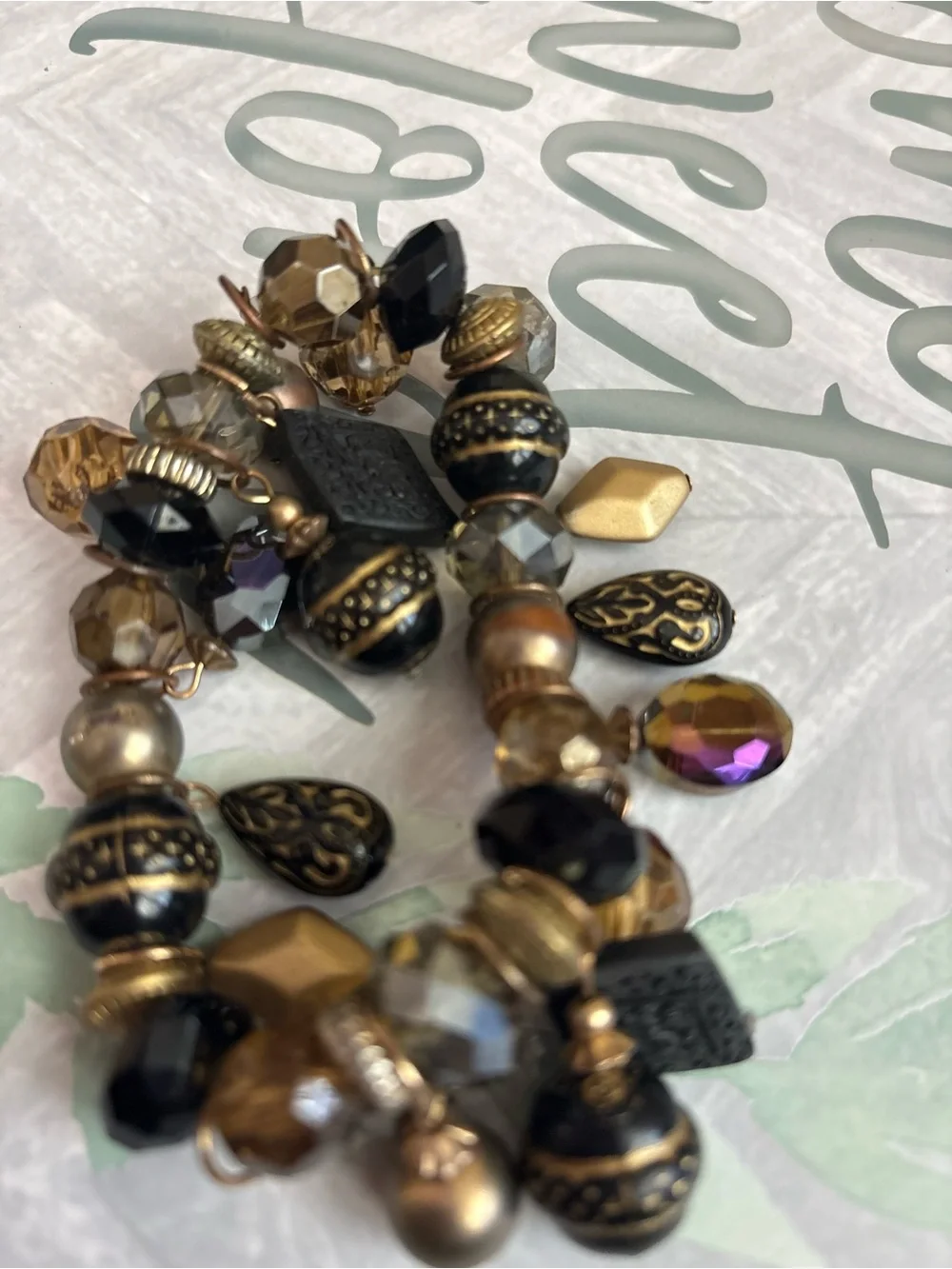 Vintage-Style Beaded Charm Bracelet Gold-Tone Faceted Beads Statement Jewelry